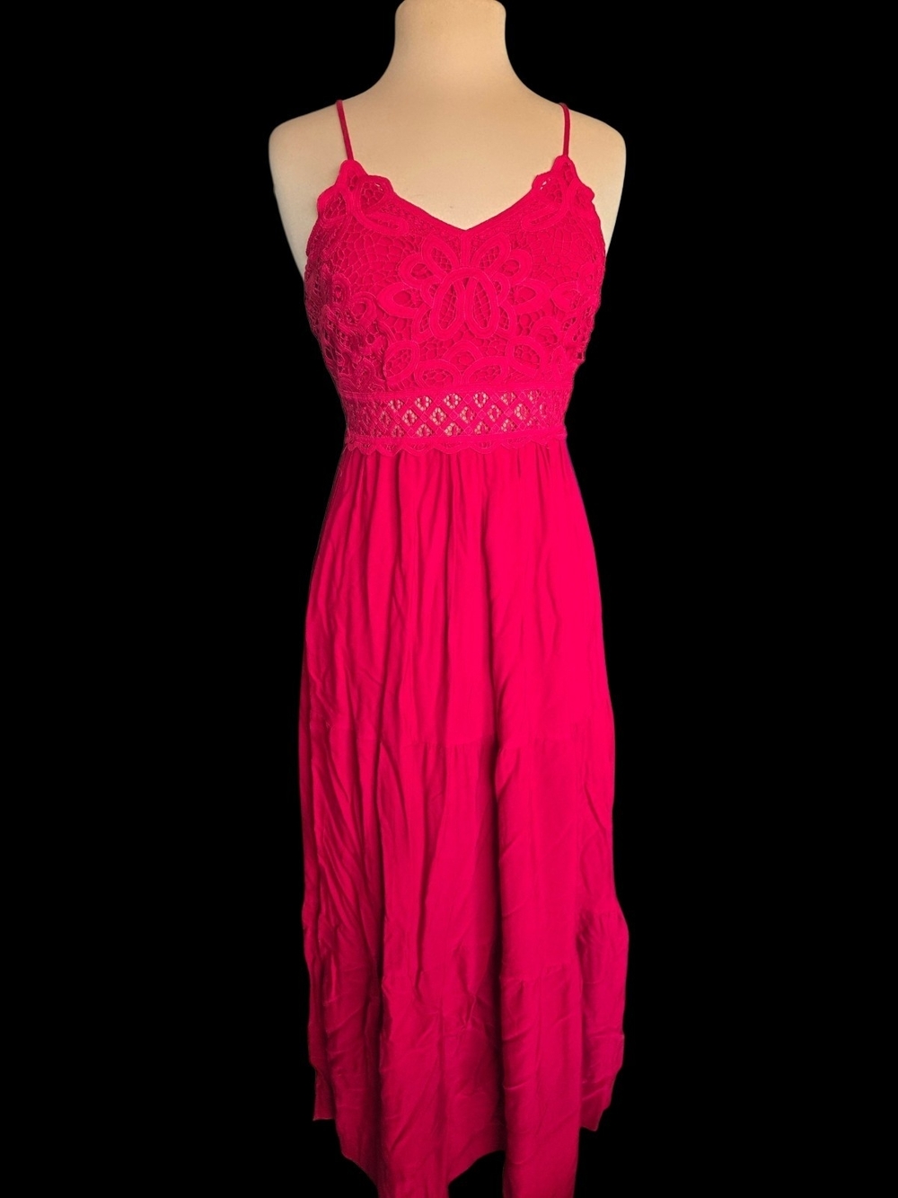 Lace Bodice Deep Red Spaghetti-Strap Maxi Dress Sz S